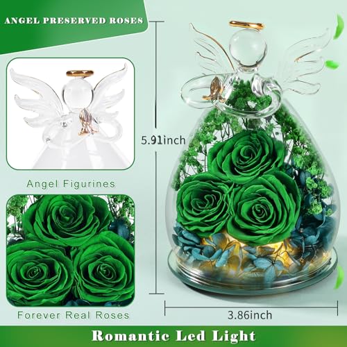 Beferr Gifts for Mom Birthday Gifts for Women, Fresh Flowers for Delivery Forever Preserved Rose in Glass Angel Figurine, Anniversary Christian Real Rose for Grandma Wife Mother from Daughter Son - color: Q Green