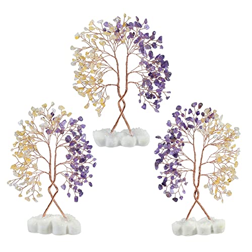 mookaitedecor Natural Citrine & Amethyst Crystal Tree with Double Heart Rock Quartz Crystal Cluster Stone Base Bonsai Money Tree of Life Home Wedding Decoration - color: Purple & Yellow