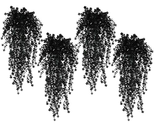 SJL Black Hanging Flowers Fake Hanging Plants Artificial Black Faux Flowers Outdoor Plastic Faux Ivy Plants UV Resistant Fake Eucalyptus Vine for Halloween Indoor Witchy Home Party Gothic Decor 4Pcs - color: Black