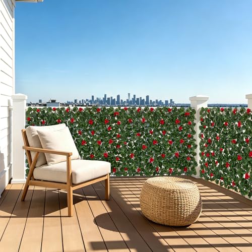 Expandable Fence Privacy Screen with Artificial Flower, Greenery Expandable Stretchable Covers Panel Privacy Fence for Balcony Patio Garden, Single Sided Leaves (Red Geranium, 2 Pack) - color: Red Geranium, size: 2 Pack