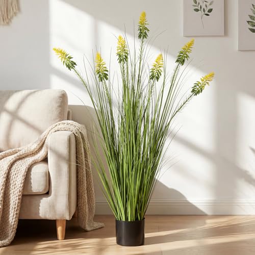 Jexine 2 Pieces Faux Plants Outdoor 4 ft Horsetail Reed Grass with Yellow Cockscomb Flower Tall Artificial Grass Plant Potted Faux Greenery Floor Plant for Housewarming Gift House Garden Lobby Outdoor - color: Yellow Cockscomb Flower