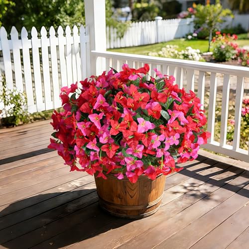 INSPRING Faux Bougainvillea Artificial Flowers for Outdoors, 4 Bundles Fake Bougainvillea Realistic Silk Flowers for Outside UV Resistant Outdoor Plants for Porch Patio Window Box Garden Home Decor - color: Redpink