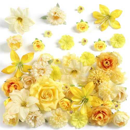 rongflower Fake Flower Heads for Crafts - Yellow Silk Artificial Roses, Peonies, Daisies & Mini Floral Heads Bulk (48-Pack) for Wedding Decor, Graduation Cap, Cake Topper, Baby Shower, Home Decoration - color: Yellow