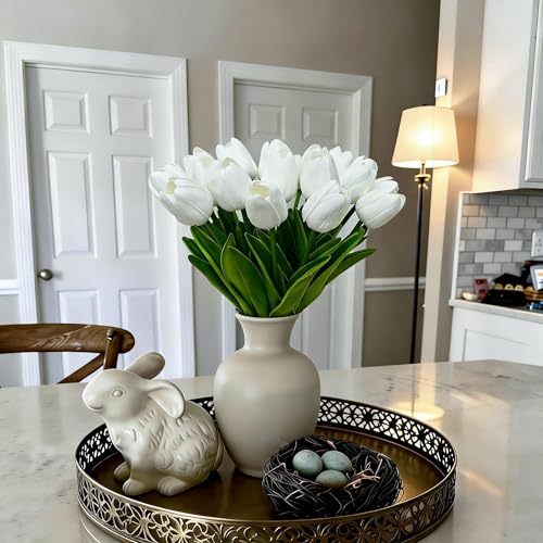 20pcs White Tulips Artificial Flowers 13 Inch PU Fake Flowers Fake Tulips for Mother's Day Easter in Home Wedding Office Party Table Decoration - color: A-white