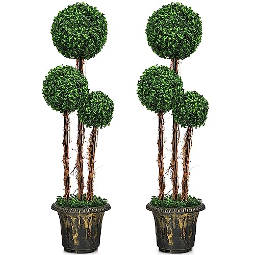 Goplus 4 Ft Artificial Boxwood Topiary Tree, 2 Pack Fake Greenery Plants Triple Ball Tree, Leaves & Cement-Filled Plastic Flower Pot Decorative Trees for Home, Office, Indoor and Outdoor Use - size: 4 Ft