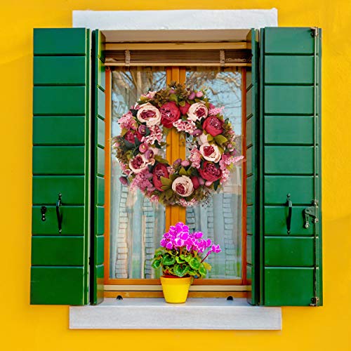 BOMAROLAN Artificial Peony Flower Wreath 19Inch Vintage Blooming Silk Peonies Spring Summer Fall Winter Large Wreaths Flower Green Leaves for Outdoor Front Door Indoor Wedding Wall Or Window Décor - color: Dark Pink