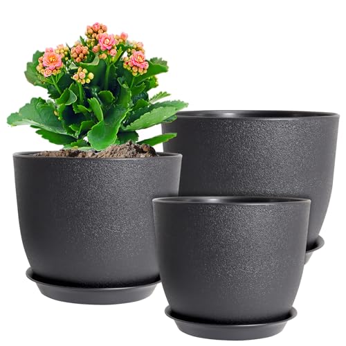 WSMKSZ 12/10/9 inch Big Flower Pots, 3 Pack Modern Decorative Plastic Planters with Drainage Holes and Tray, Plant Pots for Indoor Outdoor Plants, Black - color: Black, size: 12"+10"+9"