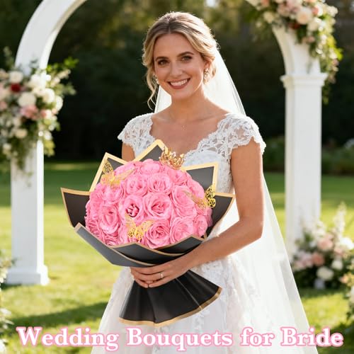 Waipfaru Pink Glitter Roses Bouquet, DIY Fake Flowers Bouquet, Everlasting Shiny Artificial Rose Bouquet for Valentine's Day, Anniversary, Engagement, Wedding, 24 Roses - color: Pink, size: 24pcs