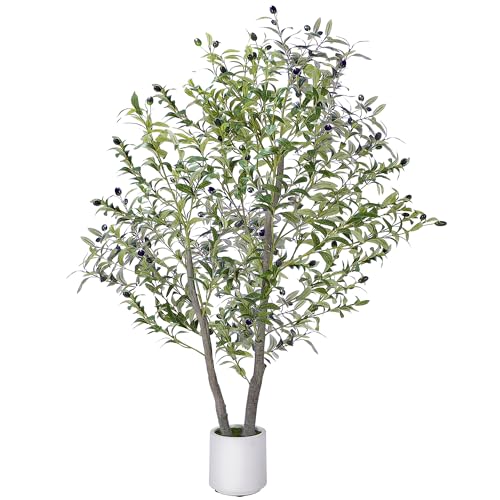 Jocoevol Olive Trees Artificial Indoor, 5FT Realistic Artificial Olive Tree with Natural Wood Trunk Lifelike Fruits Pre Assembled No Maintenance, Sturdy White Planter for Home Office Decor Perfect - size: 5ft