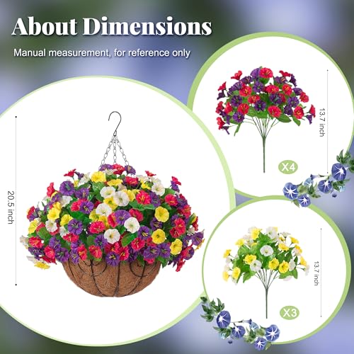 Ammyoo Artificial Fake Hanging Flowers with Basket, Faux Silk Morning Glory Flower Arrangement for Spring Summer Decor, Hanging Plant for Patio Garden Porch Outdoor Decor - color: Yellow White Purple Red