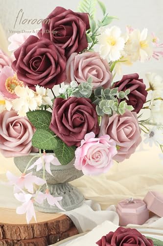 Floroom Artificial Flowers 25pcs Real Looking Cinnamon Rose & Shabby Pink Foam Fake Roses with Stems for DIY Wedding Bouquets Bridal Shower Centerpieces Floral Arrangements Party Tables Decorations - color: Cinnamon Rose & Shabby Blush, size: 25Pcs