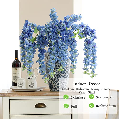 Dailisen 3 Strands 40'' Silk Blue Wisteria Artificial Flowers, Fake Wisteria Floral Hanging Plant Garland, for Home Decor, Party, Floor Vase, Balcony, Wedding Arrangement Decoration (Blue) - color: Blue