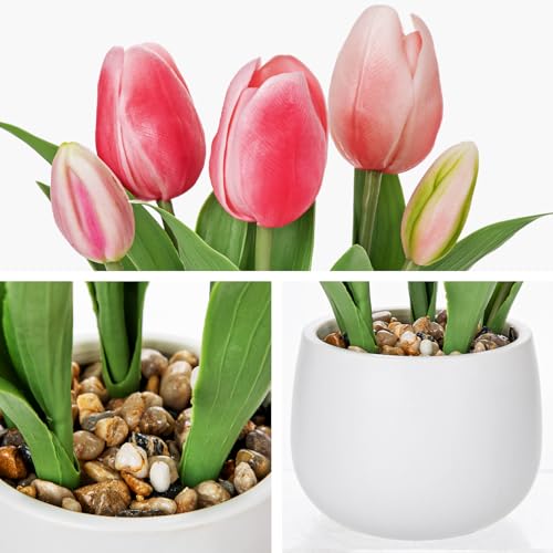 Hollyone Pink Tulips Artificial Flowers in Vase Fake Tulips Silk Flowers Arrangements Faux Tulip Bulbs with Ceramic Pot Tulip Potted Plants Floral Bouquet for Home Decor Table Centerpiece Decorations - color: Small - Pink