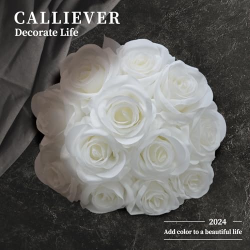 12pcs Rose Artificial Flowers, Fake Rose Silk Flower Bouquet, Faux Roses with Stems - 50cm, Roses Decor for Wedding & Home Decoration (Pure White) - color: Pure White