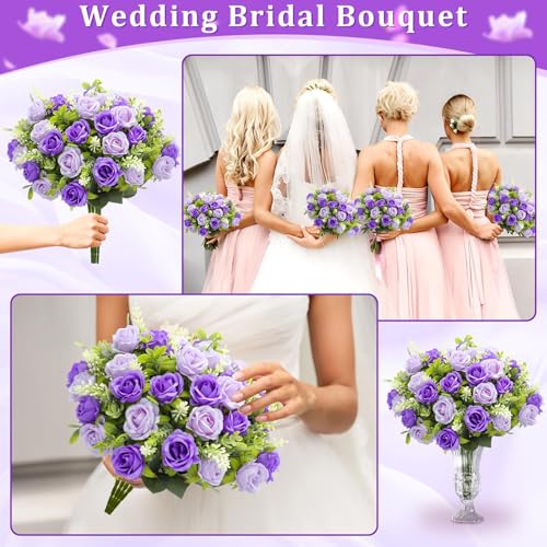 TURNMEON 40 Heads Fake Roses Artificial Flowers for Outdoors, 4 Bouquets UV Resistant Fake Flower Bouquet Faux Silk Roses for Wedding Birthday Party Home Mother's Day Cemetery Summer Decor(Purple) - color: Purple