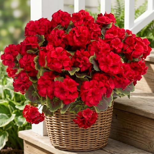 lovemoon 8 Pcs Artificial Geranium Plant Realistic Silk Flowers for Outside UV Resistant Faux Geraniums Flowers for Indoor Outdoor Home Garden Office Decoration (8, Red) - color: Red