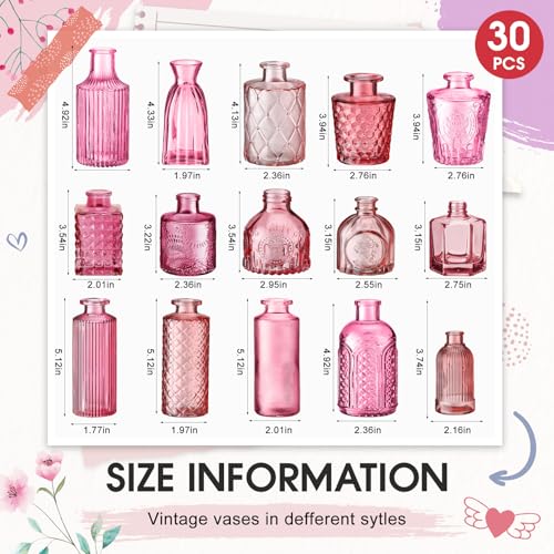 Yaomiao 30 Pcs Vases Bulk Colored Flower Glass Bud Vases Valentine Vintage Colored Glass Bottles Colorful Rustic Embossed for Home Wedding Table Decorations Gifts(Pink Series) - color: Pink Series