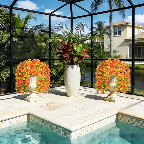 INXUGAO Artificial Fake Hanging Flowers Plants for Outdoor Decoration, 2PCS Faux Silk Morning Glory Long Vines Stems UV Resistant Look Real for Spring Summer Outside Home Porch Patio, Orange Yellow - color: Orange