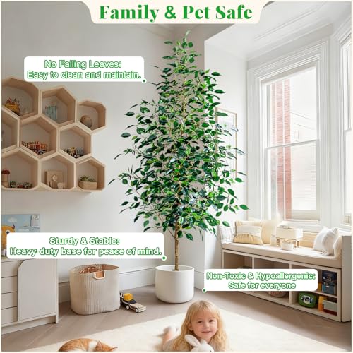 Bailikang 7FT Artificial Ficus Trees Indoor Faux Trees Indoor Fake Floor Plants Tall Artificial Tree with White Pot Faux Tree Fake Indoor Tree Silk Plants Artificial Trees for Home Decor Indoor - color: Green Leaf With White Pot, size: 7ft