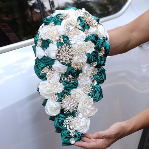 Luxury Cascade Bridal Wedding Bouquet Satin Rose Waterfall Holding Bouquet Artificial Flower Bunch for Bride Bridesmaid(Dark Green & Ivory, 17.3" x 8.7") - color: Dark Green & Ivory, size: 17.3"L x 8.7"W(44cm x 22cm)