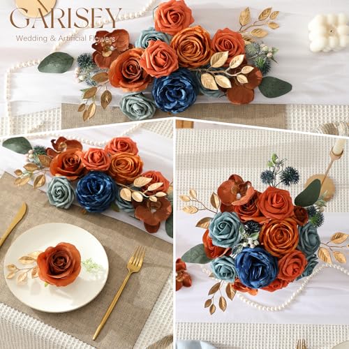 Garisey Artificial Flowers Combo for DIY Wedding Bouquets Combo Centerpieces Arrangements Party Bridal Baby Shower Home Decorations-Teal&Terracotta - color: Teal & Terracotta