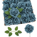 Foam Roses,16Pcs Dusty Blue Foam Flowers Real Looking Artificial Fake Roses with Stems and Leaves for DIY Wedding Bouquets Baby Shower Party Home Centerpiece Floral Arrangement (Dusty Blue)