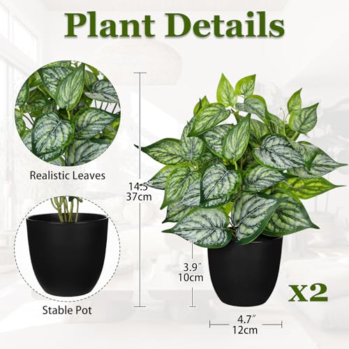 14.5" Artificial Plants Indoor Home Decor, Fake Potted Silk Plants for Shelves Living Room Decorative, Small Artificial Office Desk Plant in Pots, Faux Potted Greenery Tropical House Plant, Set of 2 - color: 2 Sets #Green Mix White