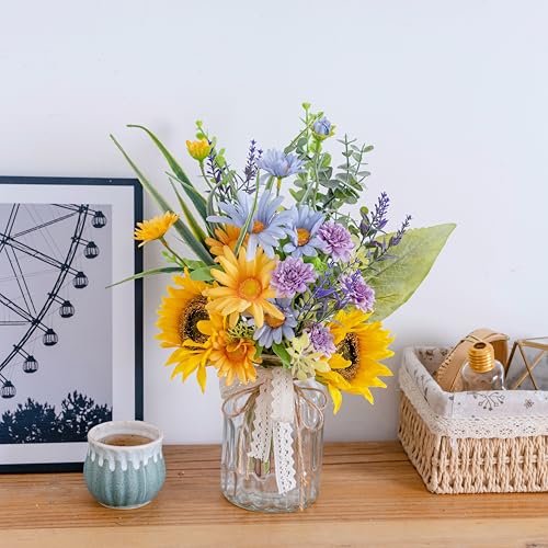 LUEUR Artificial Silk Sunflower with Vase Fake Flowers in Vase Centerpiece Coffee Table Decor, Fake Plant Blue Daisy Flower Arrangement for Spring & Summer Decorations Indoor Home Office Living Room - color: Yellow