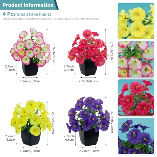 LOYWREE 4 Pack Small Faux Plants Spring Artificial Flowers Fake Plants Indoor Bathroom Accessories for Home Room Office Desk Decor(Black Square Pot) - color: Morning Glory-black Pot, size: Black Pot
