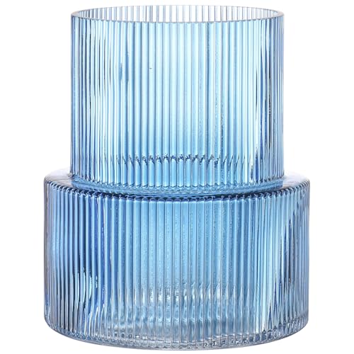 Blue Glass Vase, Ribbed Glass Vase for Tulips, Flower Vases for Bouquet, Blue Modern Vases for Living Room, Dining Table, Entryway, Mantle, Shelf, Wedding, Office, 7.5 Inches - color: Blue, size: Ribbed 7.5 Inches