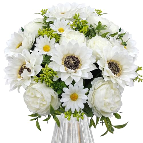 3 Pcs Fall Flowers Artificial Mums Silk Fake Mums Bouquet Faux Floral Arrangements Home Indoor Outdoor Planter Decor Party Wedding Table Autumn Decoration (White-A) - color: White-a