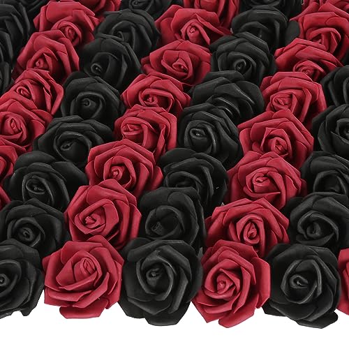100pcs Burgundy Artificial Rose Flower Heads, 3inch Black Foam Roses Bulk Stemless Fake Flower Heads for DIY Crafts,Cake Decoration Wedding,Baby Shower Flower Centerpieces(Black,Burgundy) - color: Black&burgundy