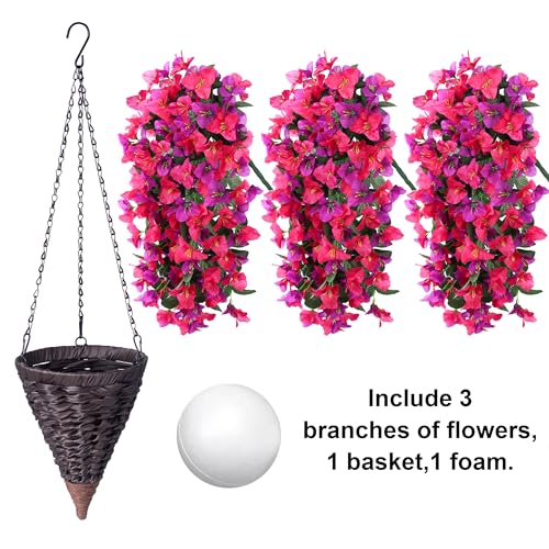 Artificial Bougainvillea Faux Flowers Plants Baskets for Outdoor Outside Decoration, 3PCS Fake Silk Flowers Long Trailing Vines UV Resistant Realistic for Front Door Porch Patio (PurpleHotpink) - color: Purplehotpink