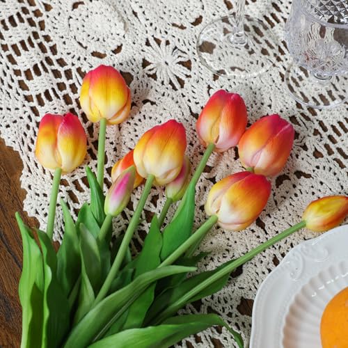 mizii 15Pcs Pink Tulips Artificial Flowers Latex Plastic Real Touch Fake Tulips Flowers Look Real Faux Tulip Flower Bouquet Decoration for Vase Room Table Centerpieces Home Decor (Orange Pink) - color: Orange Pink