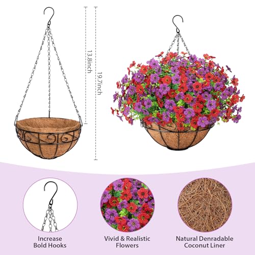 Artificial Fake Hanging Flowers Plants Basket Outdoors, Faux Silk UV Resistant Look Real Daisy Eucalyptus for Spring Summer Garden Porch Home Patio Balcony Yard Decorations, Red Purple - color: Red and Purple