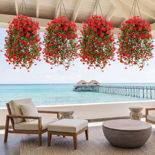 Suncalla 4 Pcs 30In Artificial Hanging Flowers for Outdoor Planter 156 Branches Trailing Faux Potted Plant Fake Floral UV & Fading Resistant for Wedding Patio Spring Summer Decor(Red) - color: Red