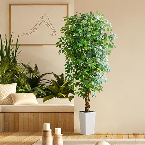 7FT Artificial Ficus Tree, 84 Inch Realistic Faux Silk Ficus Floor Plant with White Planter & Pebbles, Tall Fake Potted Tree for Indoor Home Office Living Room Corner Decor - color: White, size: 7 ft
