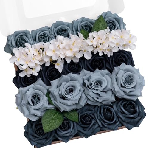 TINGE TIME Navy Blue Artificial Flowers Combo Box Set, Gradient Color Fake Flower Leaf with Stems for DIY Wedding Bouquets Table Centerpieces Baby Shower Home Party Floral Arrangements Decorations - color: Dusty Blue