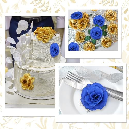108pcs Roses Head Flowers with Stem - Blue & Gold Artificial Flowers Rose Bulk - Silk Royal Blue Gold Rose Fake Flower for Wedding Bouquet Home Baby Shower DIY Centerpieces Tables Grad Party Decor - color: Gold-blue