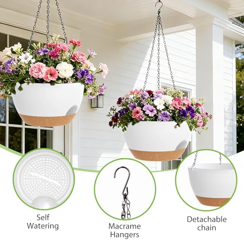 8 Inch Hanging Planters for Indoor Outdoor Plants, 4 Pack White Brown Plastic Self Watering Hanging Baskets with Drainage Holes and Chain for Garden Porch - color: White Brown