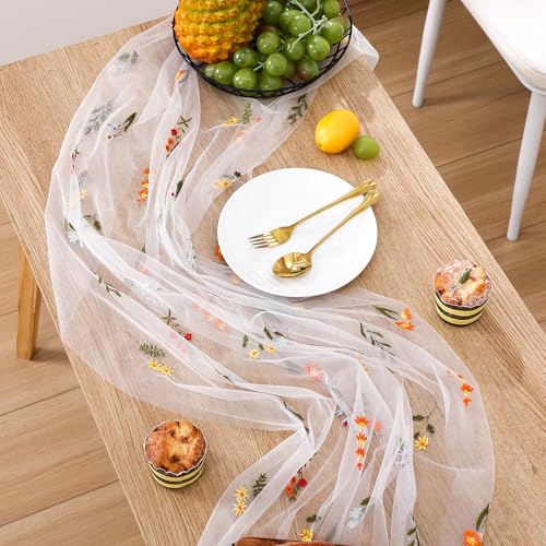 Boao 1 Pc Wildflower Table Runner Embroidery Tulle Spring Summer Table Runner 120 Inch 10 ft Kitchen Dining Decoration for Wedding Baby Shower Bridal Shower Home Decor Birthday Party (Ivory) - color: Ivory, size: Wildflower
