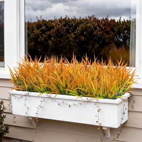 16 Pcs Artificial Plants Outdoor Fake Grass Faux Greenery Stems UV Resistant Plastic Plants Shrubs for Planters Patio Garden Front Porch Pathway Spring Summer Home Decor, Yellow - color: Yellow