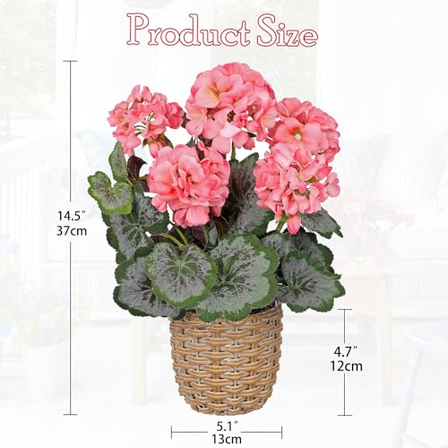 Briful Artificial Pink Geranium Flowers in Woven Basket, 14.5’’ Tall Silk Flower Arrangement, Realistic Geraniums Artificial Outdoor Plants for Home Indoor Farmhouse Table Wedding Centerpiece Decor - color: 14.5'' Tall Pink, Woven Basin