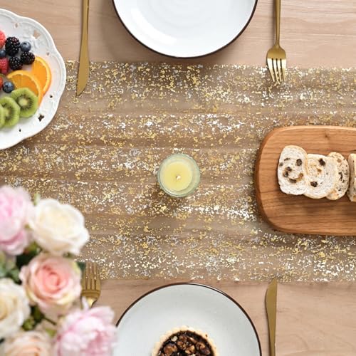 Artoid Mode Coffee Gold Gauze Table Runner 120 Inch 10FT, Glitter Metallic Foil Sheer Dining Wedding Anniversary Holiday Birthday Table Decor for Home Party - color: Coffee, size: 28" x 120"
