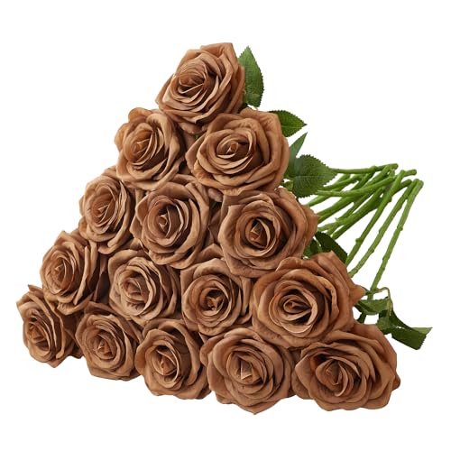 15pcs Fake Roses Artificial Silk Flowers Faux Rose Flower Long Stems Bouquet for Arrangement Wedding Centerpiece Party Home Kitchen Decor - color: 15pcs Coffee