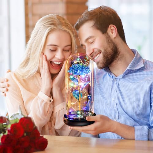 Mothers Day Flowers Gifts for Mom Women Birthday Gift Rechargeable Galaxy Glass Rose in Glass Dome Forever Crystal Eternal Rose Anniversary Mothers Day Roses Gifts for Daughter Wife Women Grandma Blue - color: Usb-c Blue