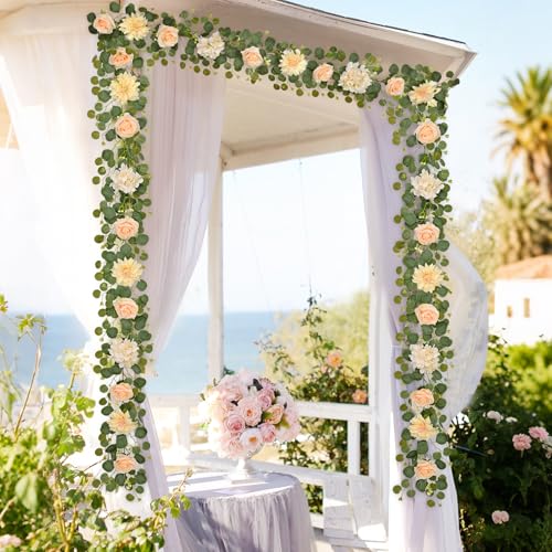 Yastouay 2 Pcs Flower Garland with Lights, 12 Ft Champagne Rose Floral Garland Fake Flowers for Wedding Arch Party Tables Backdrop Decor - color: Champagne With Lights, size: 2 Pack