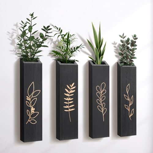 Wood Wall Planter, Farmhouse 4 Pack Indoor Pocket Wall Vases Decor for Living Room Bedroom Dried Flowers Faux Greenery Plants (Black) - color: Black