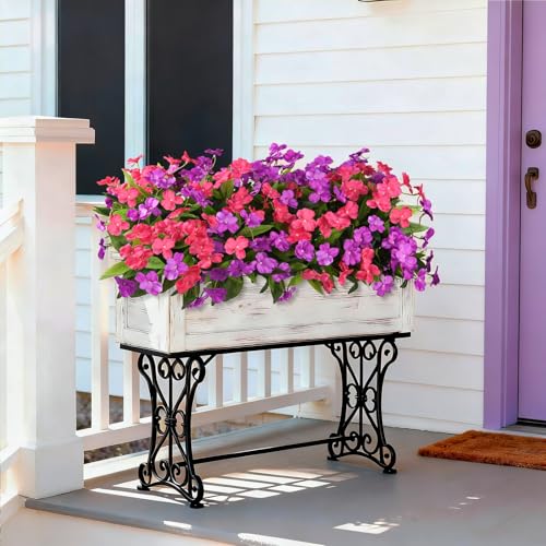 Artificial Impatiens Flowers for Outdoors, 6 Bundles Silk Fake Flowers for Spring Summer Decoration, UV Resistant Faux Plants Plastic Bouquet for Home Planter Porch Patio Yard Decor(Purple Rose Red) - color: Purple,rose Red