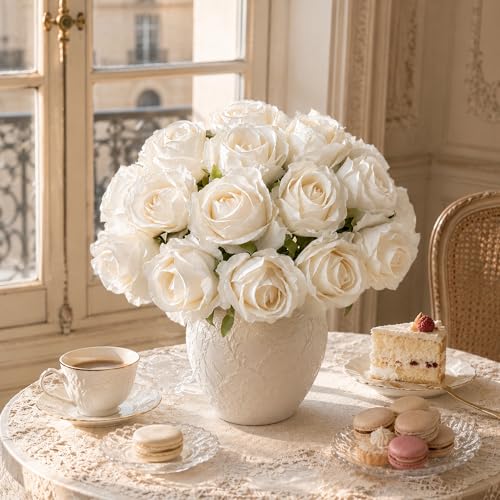 Ivydale 18pcs White Roses Artificial Flowers, Fake Roses Silk Flowers with Stems Realistic Bouquet for Wedding Party Mother's Day DIY Centerpiece Floral Romantic Gifts - color: Rose-white